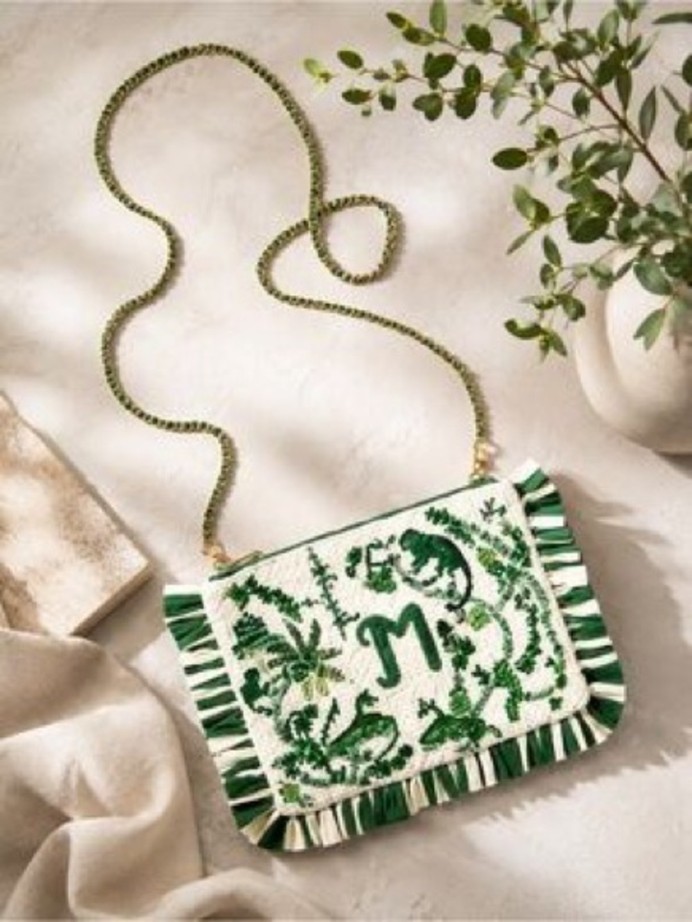 Anthropologie Green Embroidered Fringe Crossbody Bag - Monogram M